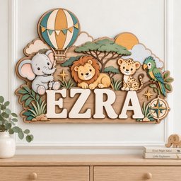May include: A multi-layered wooden wall sign featuring the name EZRA in large white letters. The design includes a hot air balloon, a gray elephant, a lion, a leopard, a parrot, a sun, and a compass, all rendered in a soft, muted color palette.