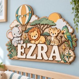 May include: A layered wooden wall sign featuring the name EZRA in large white letters. The design includes a hot air balloon, a gray elephant, a lion, a leopard, a green parrot, a tree, a sun, clouds, and a compass, all in muted earth tones.