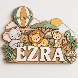 May include: A multi-layered wooden wall sign featuring the name EZRA in large white letters. The design includes a hot air balloon, a gray elephant, a lion, a leopard, a parrot, a tree, a sun, and a compass, all in shades of green, tan, and brown.