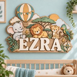 May include: A multi-layered wooden wall sign featuring the name EZRA in large white letters. The design includes a hot air balloon, a cartoon elephant, a lion, a leopard, a parrot, a tree, and a compass, all rendered in soft pastel colors.