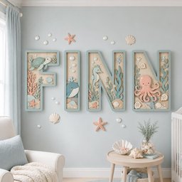 May include: Four large wooden letters spelling FINN, each featuring a layered ocean theme with a sea turtle, whale, seahorse, and octopus. The letters are decorated with coral, seashells, and starfish in soft blue, peach, and cream tones.