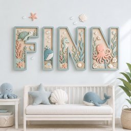 May include: Wall-mounted wooden letters spelling FINN, each featuring a shadowbox design with sea-themed cutouts including a turtle, whale, seahorse, and octopus, accented by coral, shells, and starfish in soft blue, pink, and beige tones.