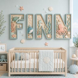 May include: Four large wooden letters spelling FINN mounted on a wall, each featuring 3D ocean-themed cutouts including a sea turtle, whale, seahorse, and octopus, surrounded by coral, seashells, and bubbles in soft pastel blue and peach tones.