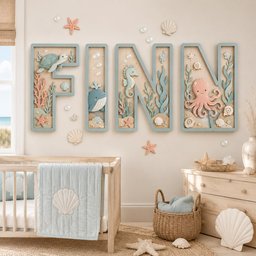 May include: Four large wooden letters spelling FINN, each featuring a light blue frame and a light wood interior. The letters are decorated with 3D cutouts of a sea turtle, whale, seahorse, octopus, coral, and seashells in soft pastel tones.