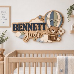 May include: A wooden wall sign featuring the name BENNETT in dark blue block letters and the name jude in light script. The design includes a layered hot air balloon with a brown bear in the basket, surrounded by clouds and stars in blue, tan, and green.