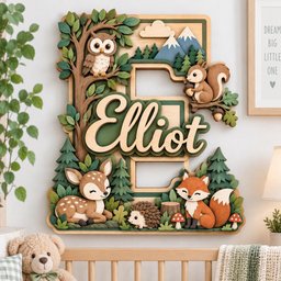 May include: A layered wooden wall sign featuring the name Elliot in script lettering. The design includes a brown owl in a tree, a squirrel with an acorn, a spotted fawn, a hedgehog, and a fox, all surrounded by green pine trees and blue mountains.