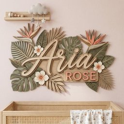 May include: A layered wooden wall sign featuring the name Aria Rose in script and block lettering. The design is surrounded by carved tropical leaves, bird of paradise flowers, and white blossoms in shades of sage green, cream, and soft peach.