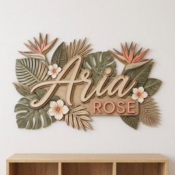 May include: A layered wooden wall sign featuring the name Aria Rose in script and block lettering. The design is decorated with cut-out tropical leaves, bird of paradise flowers, and small white blossoms in shades of sage green, peach, and tan.