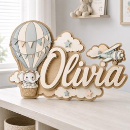 May include: A decorative wooden sign featuring the name Olivia in large white script letters. The design includes a hot air balloon with a small elephant in the basket, a biplane, and several clouds and stars in shades of blue, cream, and tan.