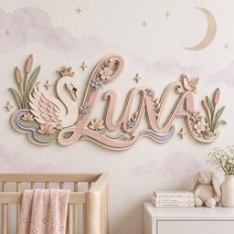 May include: A layered wooden wall sign featuring the name LUNA in cursive script, decorated with a swan wearing a crown, cattails, lotus flowers, and a butterfly. The design uses a soft palette of pink, cream, sage green, and light blue tones.