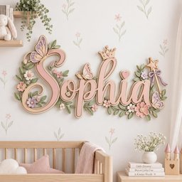 May include: A wall-mounted wooden sign displaying the name Sophia in cursive script, decorated with layered butterflies, flowers, a crown, a heart, and a star-topped wand. The design features soft pink, purple, and green tones with intricate details.