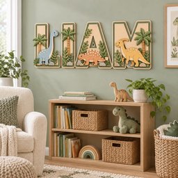 May include: A wall-mounted wooden name sign spelling LIAM, featuring layered letters decorated with three-dimensional dinosaur figures, palm trees, and foliage in shades of blue, orange, yellow, and green against a light wood background.