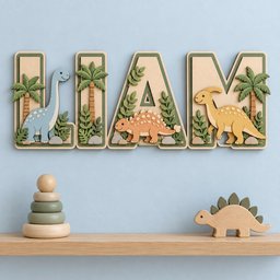 May include: A wall-mounted wooden sign spelling the name LIAM in large block letters. Each letter features layered cutouts of green palm trees, leafy foliage, and three different dinosaurs in shades of blue, orange, and yellow-tan.