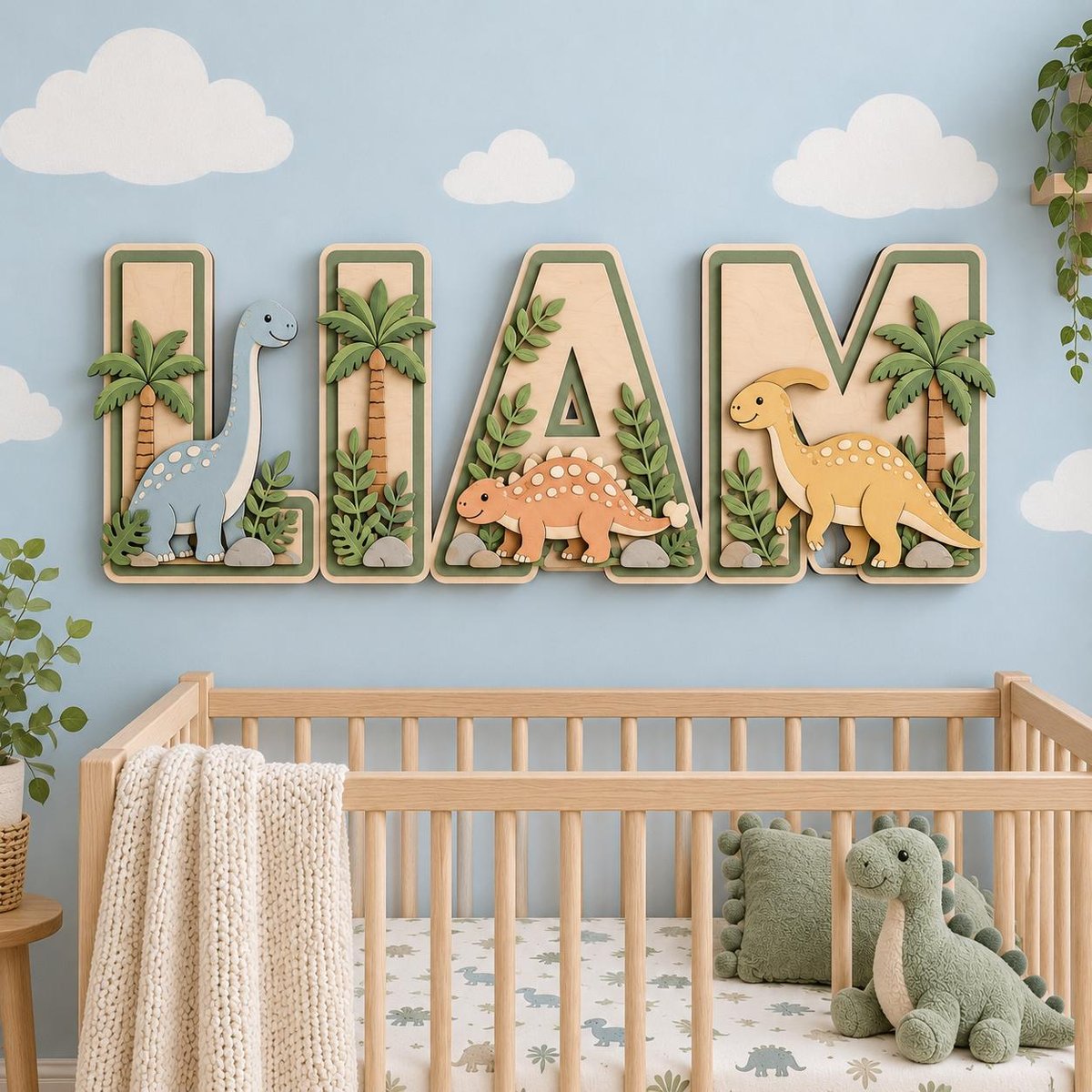 May include: A wall-mounted wooden name sign spelling LIAM in large block letters. Each letter features layered cutouts of dinosaurs, palm trees, and foliage in shades of light blue, orange, yellow, and green with a natural wood finish.