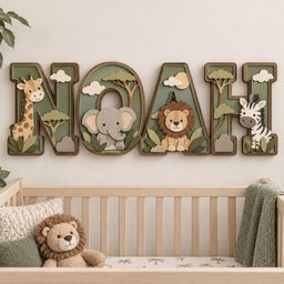May include: A multi-layered wooden wall sign spelling the name NOAH in large block letters. Each letter features a different safari animal: a giraffe on the N, an elephant on the O, a lion on the A, and a zebra on the H, with trees and clouds.
