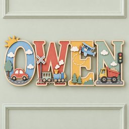 May include: A decorative wooden wall sign spelling the name OWEN, featuring layered cutouts of a sun, car, train, airplane, and dump truck. Each letter is painted in distinct colors including blue, red, yellow, and green with transportation motifs.