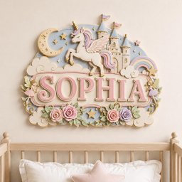May include: A decorative wall plaque featuring the name SOPHIA in large pink letters. The design includes a white winged unicorn, a castle, a crescent moon, stars, a rainbow, clouds, two small fairies, and pink and purple roses on a blue background.