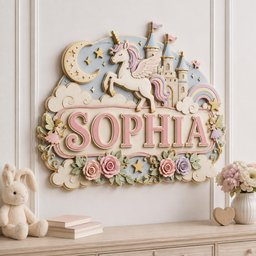 May include: A decorative wall plaque featuring the name SOPHIA in large pink letters. The design includes a white winged unicorn, a crescent moon, a castle, stars, a rainbow, and two small fairies. The base is adorned with pink and purple roses.
