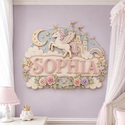 May include: A decorative wall plaque featuring the name SOPHIA in large pink letters. The design includes a winged unicorn, a crescent moon, stars, a castle, a rainbow, and two small fairies. The base is adorned with sculpted pink and purple roses.