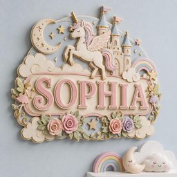 May include: A decorative wall plaque featuring the name SOPHIA in raised pink letters. The design includes a winged unicorn, a castle, a crescent moon, stars, clouds, two fairies, and floral accents in shades of pink, purple, and cream.