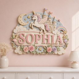 May include: A decorative wall plaque featuring the name SOPHIA in large pink letters. The design includes a white winged unicorn, a castle, a crescent moon, stars, a rainbow, and two small fairies. The base is adorned with pink and purple roses.