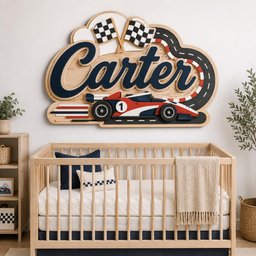 May include: A wooden wall sign featuring the name Carter in dark blue script, a red and white race car with the number 1, two checkered flags, and a black racetrack design. The sign is mounted above a wooden crib with a white mattress and blanket.