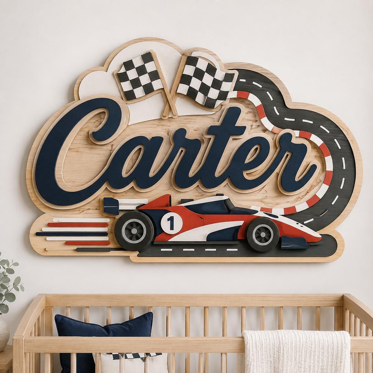 May include: A wooden wall sign featuring the name Carter in dark blue script. The design includes a red, white, and blue race car with the number 1, a winding black racetrack with red and white borders, and two checkered flags at the top.