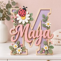May include: A large wooden letter M painted in light purple with a natural wood border. The name Maya is written in pink script across the center. The letter is decorated with white daisies, green leaves, small pink berries, and a red ladybug.