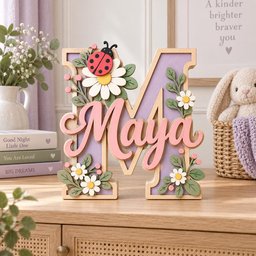May include: A large wooden letter M painted in light purple with a light wood border. The name Maya is written in pink script across the center. The letter is decorated with white daisies, green leaves, small pink berries, and a red ladybug.