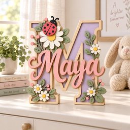 May include: A large wooden letter M painted in light purple with a light wood border. The letter features a layered pink script name Maya, decorated with white daisies, green leaves, small pink berries, and a red ladybug with black spots.