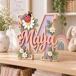 May include: A wooden letter M painted in light purple with a natural wood border. The letter features a 3D pink script name Maya, decorated with white daisies, green leaves, small pink berries, and a red ladybug with black spots.