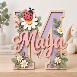 May include: A large wooden letter M with a light purple center and a light pink script name Maya attached to the front. The letter is decorated with white daisies, green leaves, small pink berries, and a red ladybug with black spots.