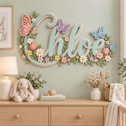 May include: A wall-mounted wooden sign featuring the name Chloe in large, light blue cursive letters. The sign is decorated with layered wooden butterflies in pink, purple, and blue, along with various small flowers and green leaves.