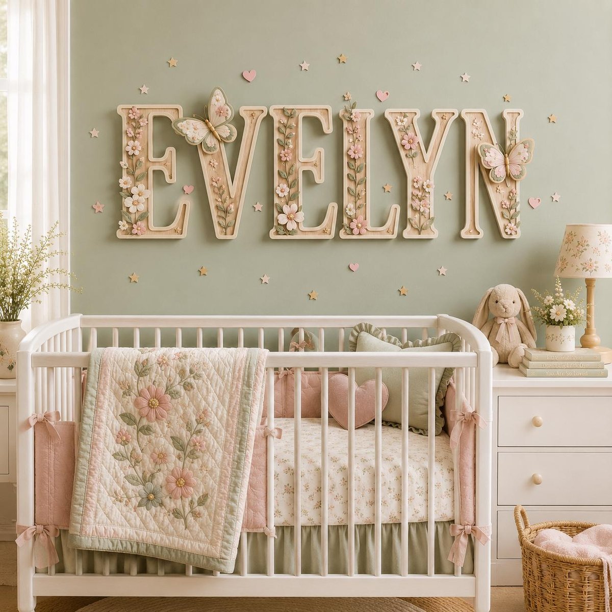May include: A white wooden crib featuring a quilted blanket with pink floral embroidery, a sage green crib skirt, and a heart-shaped pillow. Above the crib, the name EVELYN is displayed in large wooden letters decorated with flowers and butterflies.