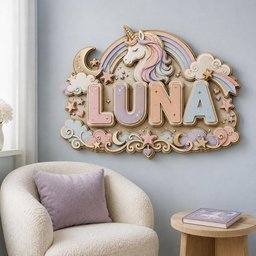 May include: A decorative wall sign featuring the name LUNA in pastel-colored 3D letters. The design includes a unicorn head, a rainbow, clouds, stars, and crescent moons in soft shades of pink, purple, blue, and cream with gold accents.