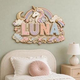 May include: A wall-mounted decorative sign featuring the name LUNA in large, pastel-colored block letters. The design includes a central unicorn head, a rainbow, clouds, stars, and crescent moons in shades of pink, blue, purple, and gold.