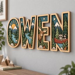 May include: A multi-layered wooden wall sign spelling the name OWEN. Each letter features a cutout landscape scene with pine trees, mountains, a sun, a river, a moose, and a raccoon in a canoe. The design includes small stars and acorns.