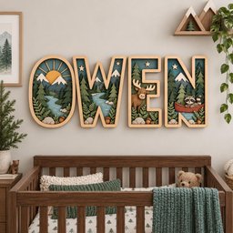 May include: A set of four wooden wall letters spelling OWEN, featuring layered cutouts of a mountain landscape, a sun, pine trees, a river, a moose, and a raccoon in a canoe. Each letter has a light wood frame with detailed nature scenes.