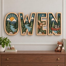 May include: A wooden wall sign spelling the name OWEN, featuring layered cutouts of a mountain landscape, a river, pine trees, a moose, and a raccoon in a canoe. The design includes small stars, rocks, and acorns within each letter frame.
