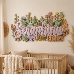May include: A wall-mounted sign featuring the names Seraphina and Eloise in raised lettering, surrounded by a decorative arrangement of sculpted succulents, cacti, small flowers, and butterflies in shades of green, pink, yellow, and purple.