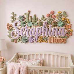 May include: A wall-mounted decorative sign featuring the name Seraphina Eloise in raised lavender and peach lettering, surrounded by a three-dimensional arrangement of various green succulents, cacti, small pebbles, and orange butterflies.