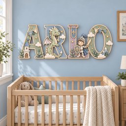 May include: A set of four large wooden letters spelling ARLO, featuring a light green and lavender color palette. The letters are decorated with a cartoon dragon, a knight in armor with a shield and sword, a castle, clouds, stars, and bunting.