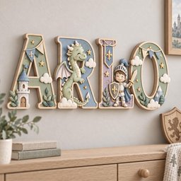 May include: A set of four large wooden letters spelling ARLO, featuring a green and blue color palette. The letters are decorated with a castle, a green dragon, a knight with a sword and shield, clouds, stars, and pennant banners.