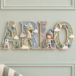 May include: A decorative wall sign spelling the name ARLO in large, dimensional letters. The letter A features a castle, the R a green dragon, the L a knight with a shield and sword, and the O displays mountains, all decorated with stars, clouds, and bunting.