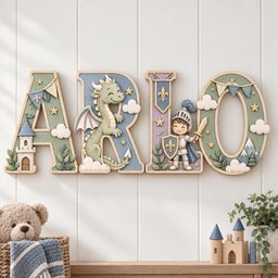 May include: A decorative wall sign spelling the name ARLO, featuring large letters with a light green and blue color palette. The design includes a castle, a green dragon, a knight with a sword and shield, clouds, stars, and bunting flags.
