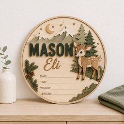 May include: A circular wooden wall plaque featuring a layered mountain landscape, a crescent moon, stars, pine trees, and a fawn. The name MASON Eli is displayed in dark green and brown lettering, with lines for date, time, weight, and length.
