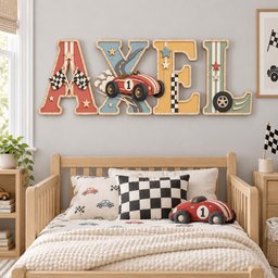 May include: A wall-mounted wooden name sign spelling AXEL in large, multi-colored letters. The A is red with checkered flags, the X features a red race car, the E has a checkered pattern, and the L includes a black tire and star accents.