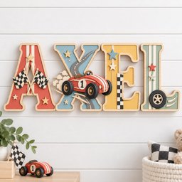 May include: A wall-mounted wooden name sign spelling AXEL with a racing theme. The letter A is red with checkered flags, X features a red race car with the number 1, E is yellow with a checkered stripe, and L is green with a black tire.