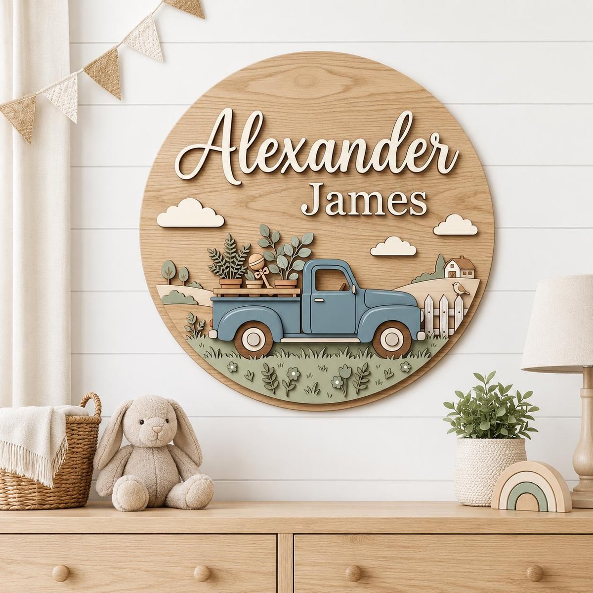 Personalized Truck Nursery Name Sign, Custom Wooden Baby Name Wall Decor, Farmhouse Pickup Truck Nursery Decor, Baby Boy Room Sign image 1