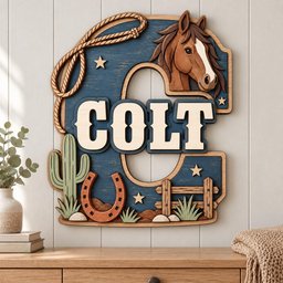 May include: A layered wooden wall sign shaped like the letter C, featuring a brown horse head, a lasso, a horseshoe, a cactus, and a wooden fence. The center displays the word COLT in large, cream-colored, block-style letters against a blue background.